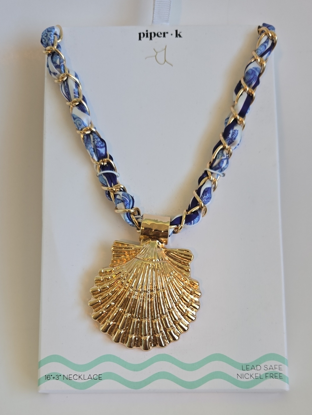 Piper K Shell Pendant on Blue Braided Ribbon Necklace NWT